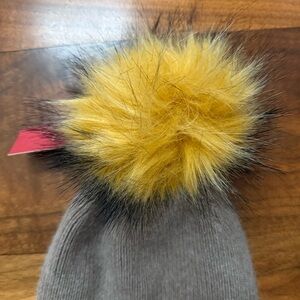 Anthropologie Winter Hat Removable Pom Pom Yellow & Grey/Black Faux Fur